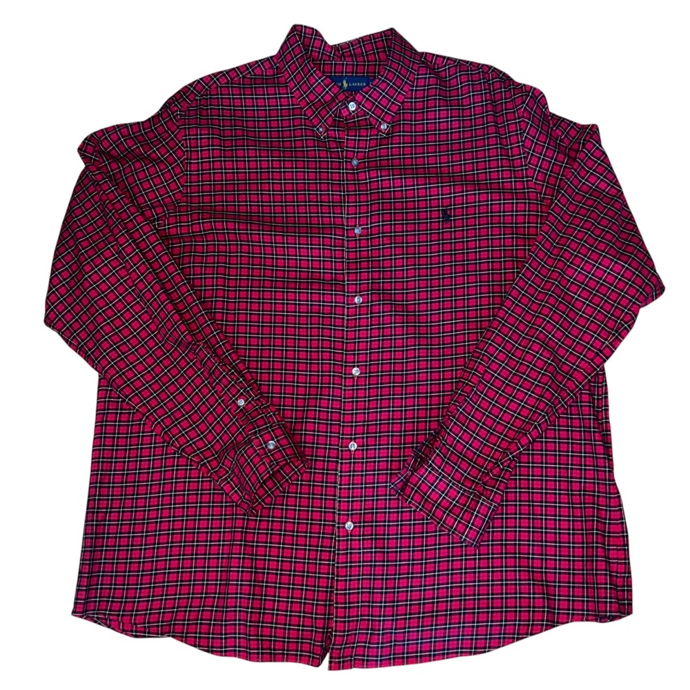Ralph Lauren Mens XXL Red Black Plaid Cotton Button Down Long Sleeve Shirt